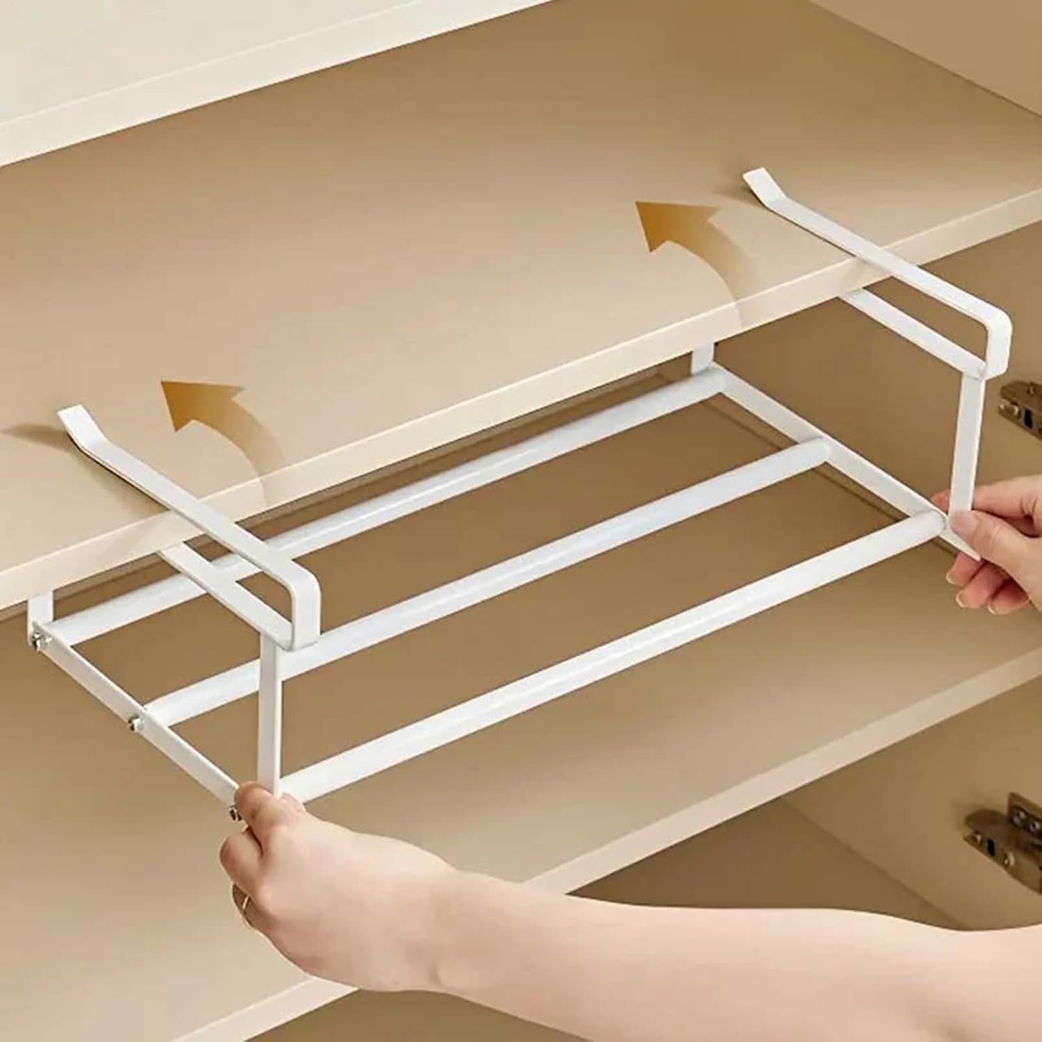 White Adjustable Under-Shelf Storage Rack – Expandable Metal Hanging Organizer for Kitchen, Bathroom, Closet, or Shoes