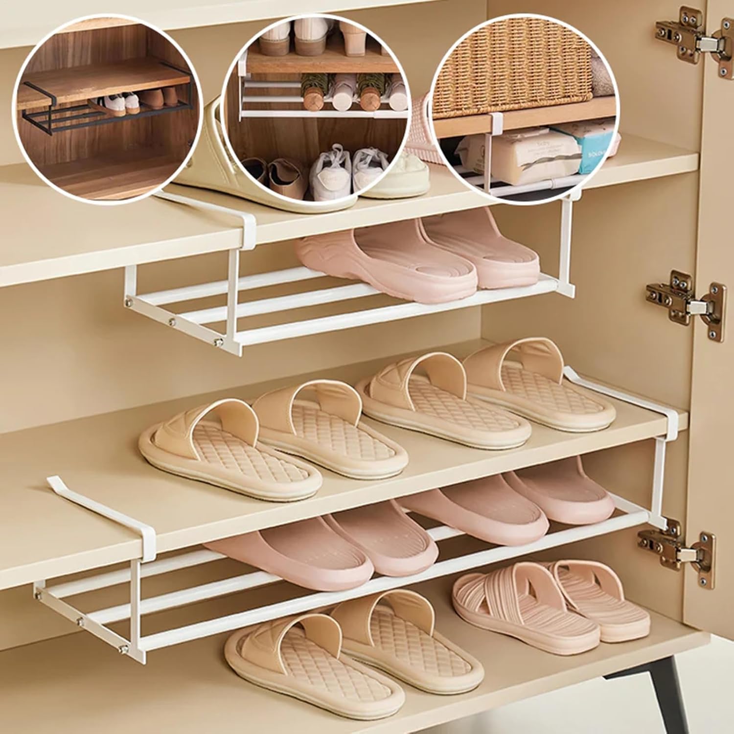 White Adjustable Under-Shelf Storage Rack – Expandable Metal Hanging Organizer for Kitchen, Bathroom, Closet, or Shoes