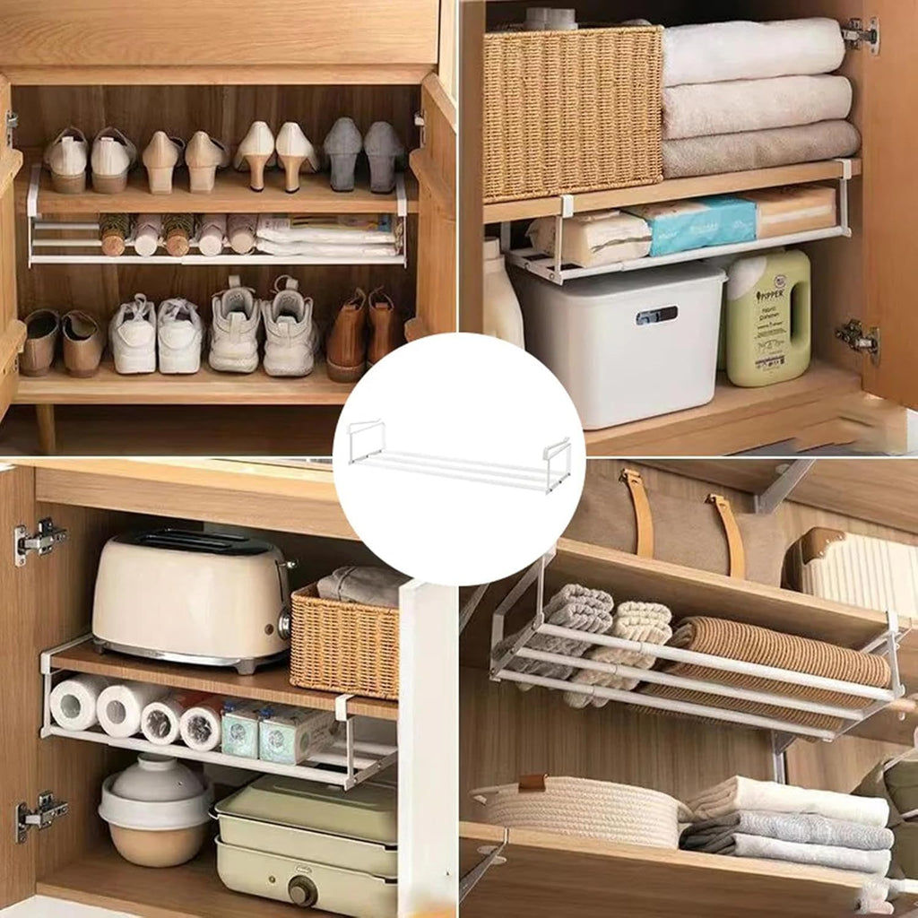 White Adjustable Under-Shelf Storage Rack – Expandable Metal Hanging Organizer for Kitchen, Bathroom, Closet, or Shoes
